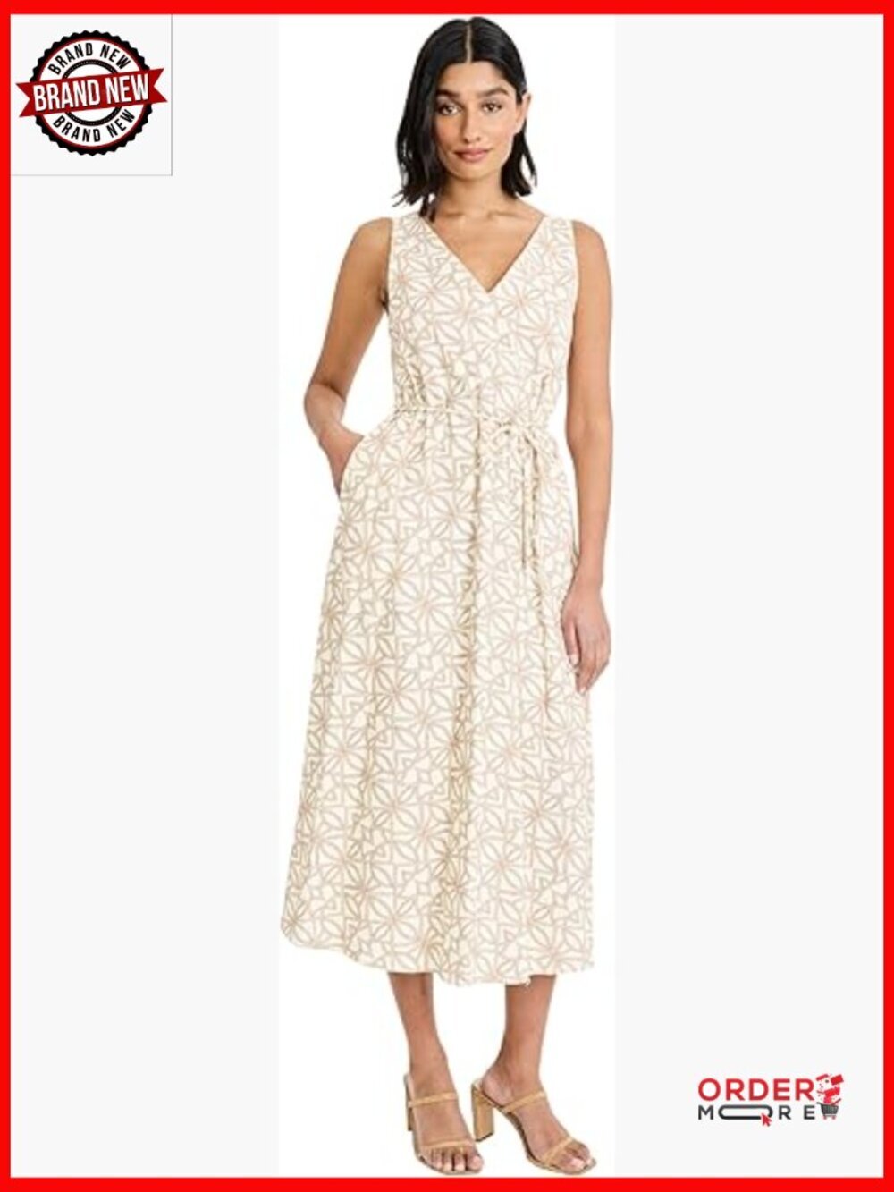 Geometric V-Neck Midi Dress with Pockets for Wedding Guest & Summer Events